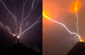 Неверојатна глетка на ноќното небо: Кога ќе се судрат молњи и ерупција на вулкан