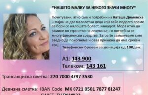 Апел за помош во борбата против ракот на Наташа