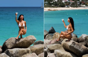 (Видео) Никол Шерцингер во бикини и штикли со коктел во раката балансира на карпа: „Оваа жена е неверојатна“