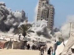 (Видео) Зграда срамнета со земја за дел од секундата во Газа, израелски ракети ја погодија без грешка