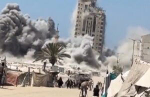 (Видео) Зграда срамнета со земја за дел од секундата во Газа, израелски ракети ја погодија без грешка