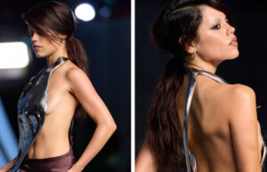 Џена Ортега на црвениот тепих во метален топ со гол грб